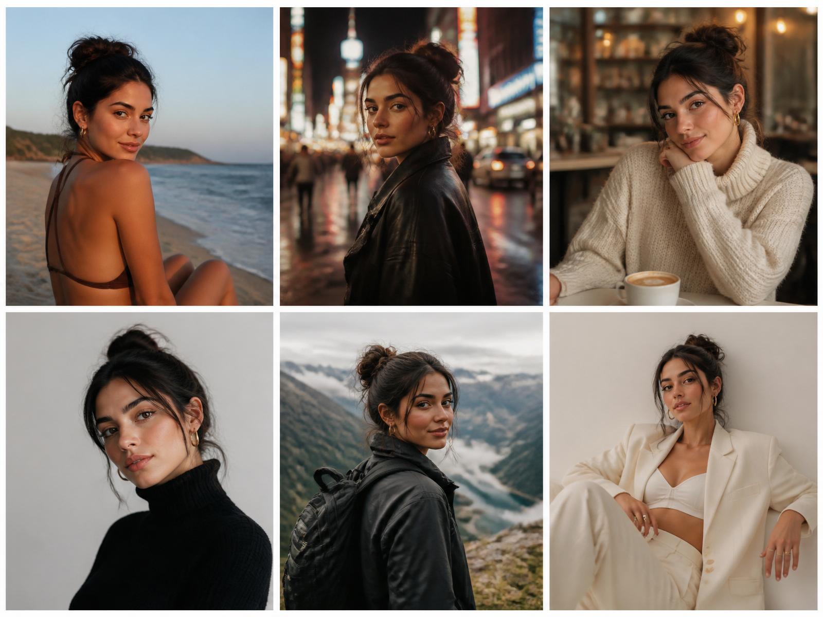 AI-generated video frames of the same creator in many scenes